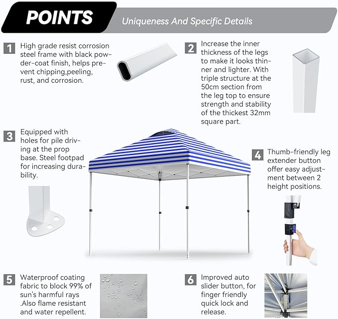 Nazhura 10' x 10' Pop Up Canopy with Sand Weight Bag, Awing for Patio, Freestanding Sun Shelter for Picnic and Camping, One Person Setup, White (Blue Stripe)