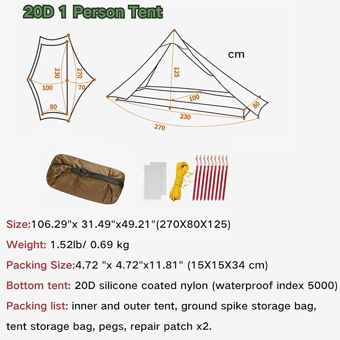 3F UL GEAR Blue Mountain 1/2Person Camping Poleless Tent, 3/4Seasons Waterproof Tent, Easy Set Up Hiking, Backpacking Silicon Coated Tent Shelter