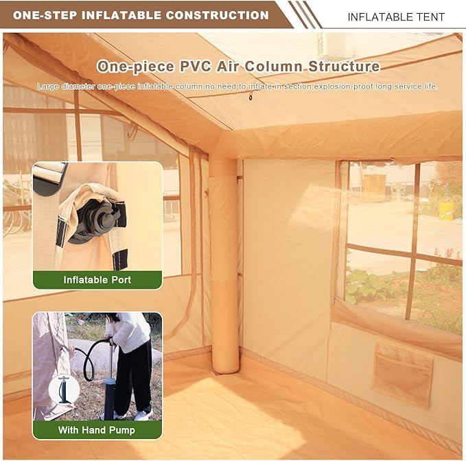 Inflatable Tent House Camping Tent with Mesh Windows and 2 Skylights Waterproof Oxford Blow Up Tent with Chimney Opening Family Tent with Pump Easy Setup Air Glamping Tents for Camping Outdoor