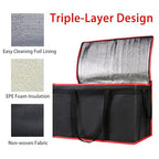 Bodaon 3-Pack Insulated Food Delivery Bag for Hot and Cold Meal, XXXL Cooler/Thermal Bags, Grocery Tote Insulation Bag for Catering, Large Pizza Warmer, Black with Red Edge