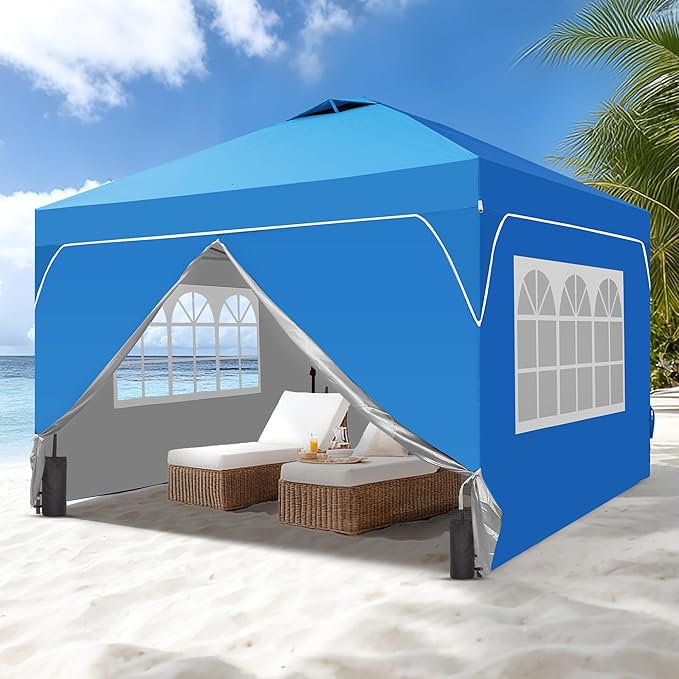 GDY 10x10 Patio Pop Up Canopy Tent with 4 Sidewalls, Easy Set up with One Push Lift Outdoor Silver Coated Beach Gazebos, Carpas with 4 Sandbags, for Parks, Parties,Camping, Blue.