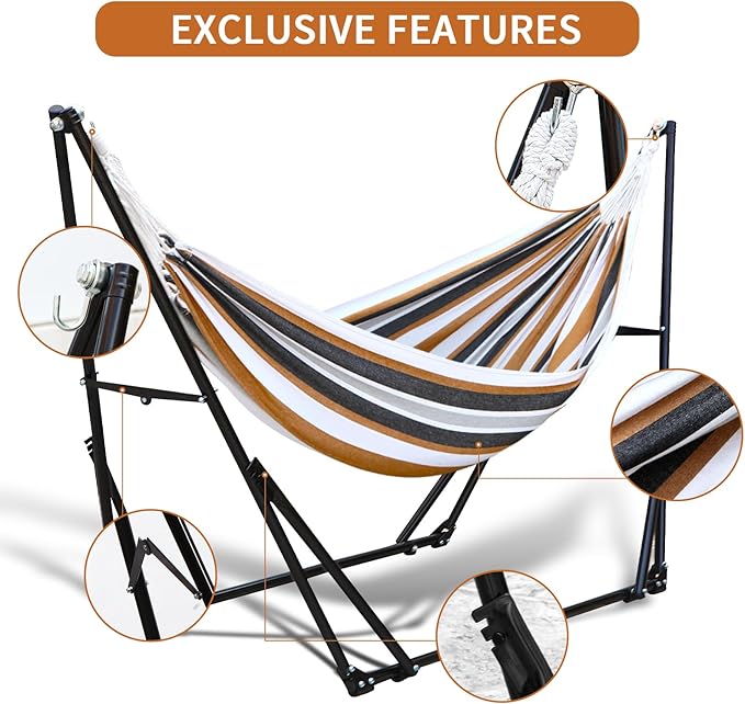 Hammock with Foldable Steel Stand,Frabic Tension Adjustable Indoor,Carrying Bag Included, 616 lbs Weight Capacity, Portable Suitable for Outside Garden Yard Outdoor Inhouse Yellow
