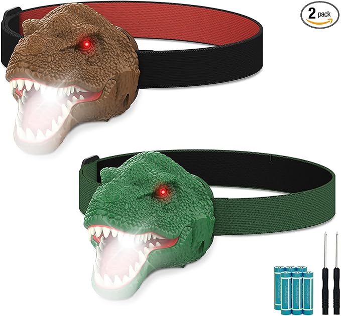 2PCS Dinosaur Headlamp Flashlight Outdoor Camping Gear LED Reading Headlamp, Hiking Headlight for Kids or Adults, Ideal Toy Gift for Birthday, Chirstmas, 6 AAA battery Included (Green+Brown)