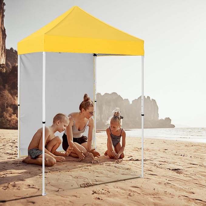 5x5 Pop Up Canopy Tent with One Sidewall, Instant Portable Beach Canopy, Outdoor Tent with Carry Bag for Camping, Sports, Tailgating, Events, Yellow