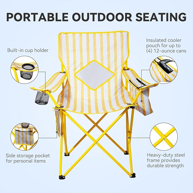 Nazhura 4 Pack Folding Camping Chair with Cooler Pouch, Mesh Backrest and Cup Holder Pocket (Yellow, 4 Pack)