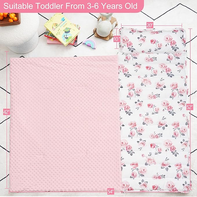 PHF Toddler Nap Mat with Removable Pillow and Minky Fleece Blanket, Rollup Design Warm Slumber Bags for Girls, 52"x20"x2" Kids Sleeping Bag for Daycare Preschool Travel Camping, Floral