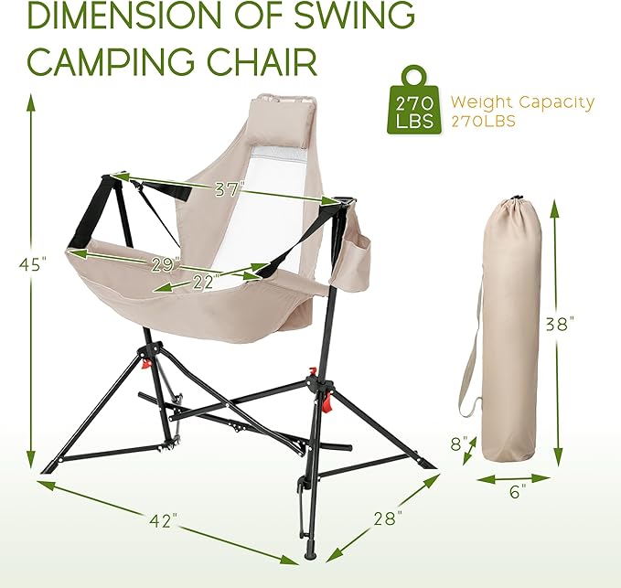 Hammock Folding Camping Chair - Outdoor Portable Swing Camp Chairs Set of 2 with Stand Adults Rocking Swinging Chair for Beach Lawn Patio (Khaki)