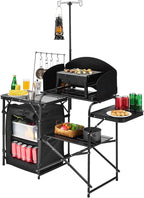 VEVOR Camping Kitchen Table, Outdoor Camp Cooking Table, Aluminum Portable Cook Station with Storage Cupboard, Carrying Bag, Detachable Windscreen, Quick Set-up for BBQ Party Picnic RV Travel, Black
