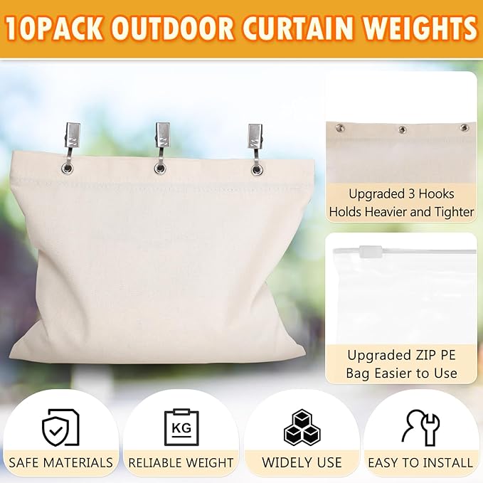 10 Set Outdoor Curtain Weights Upgraded 30 oz High Weighted Sand Bags with 30 Metal Clips for Gazebo Patio Tent Tablecloth 7.5"*8.7"