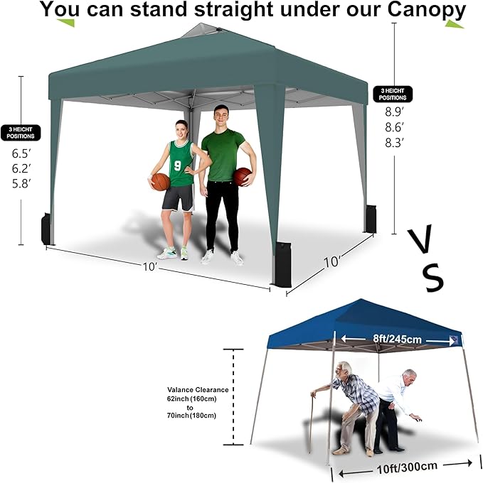 SANWAY 10x10 Pop up Canopy Tent, One-Button, Outdoor Instant Canopy Protable for Events, Camping, Parties, Vendor, Beach Tent - Dark Green