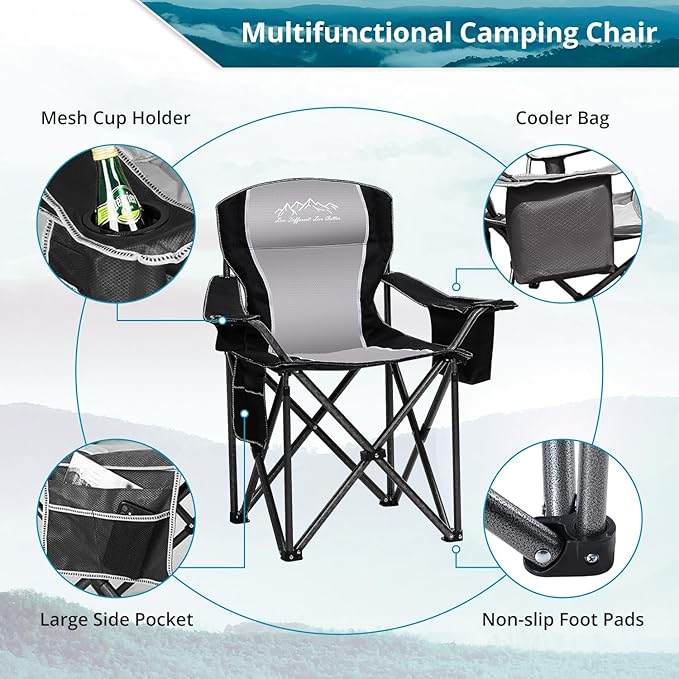 2PCS Folding Camping Chair, Heavy Duty Portable Lawn Chairs with Cooler Bag, Side Pocket & Cup Holder, Folding Chairs for Outside Support 450lbs Black