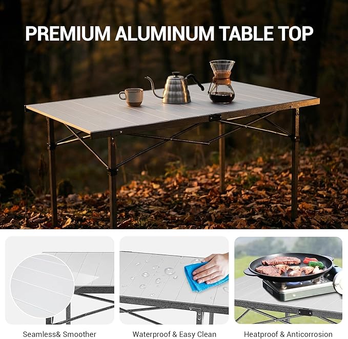KingCamp Aluminum Camping Table Foldable, Large 53.5" Roll Up Camp Table Folding Seamless Tabletop Heavy Duty Duck Hunting Camping Tables Metal Portable Outdoor Collapsible for RV BBQ Picnic Hunting
