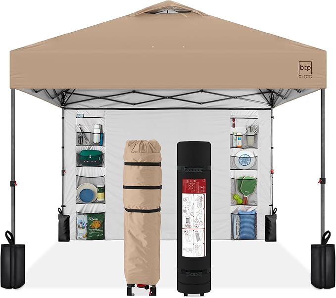 Best Choice Products 10x10ft Pop Up Canopy Tent with Sidewall, 1 Person 1 Minute Set Up, Carry Case, 4 Weight Bags - Tan