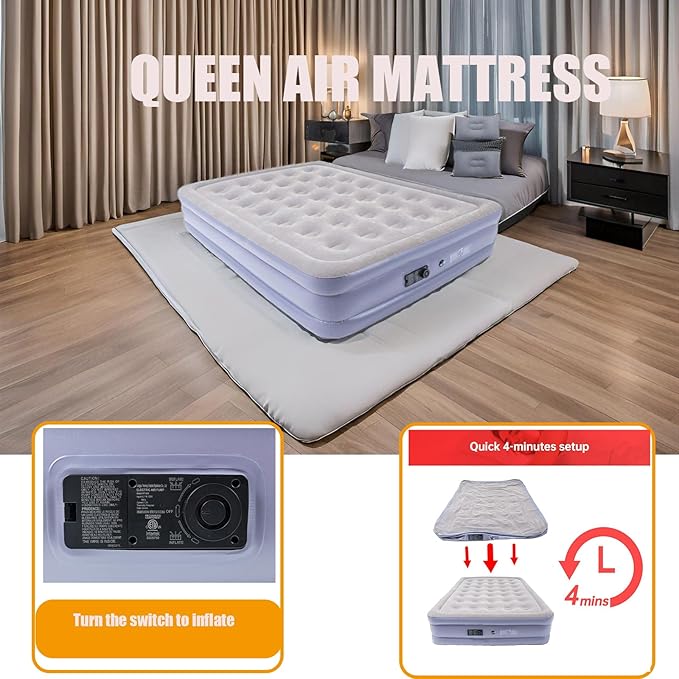 Queen Air Mattress Bed with Built in Pump,16 Inches High Queen Airbed Inflatable Mattress,Comfort Thickened Blow Up Air Mattress,Travel Sleeping Pad for Guests Home(Queen Size)