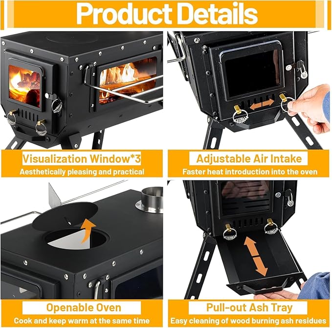 Tent Stove AVOFOREST Wood Stove with Tall Feet,Portable Hot Tent Stove with 6 Stainless Chimney Pipes for Outdoor & Cooking, Ice Fishing, Hunting