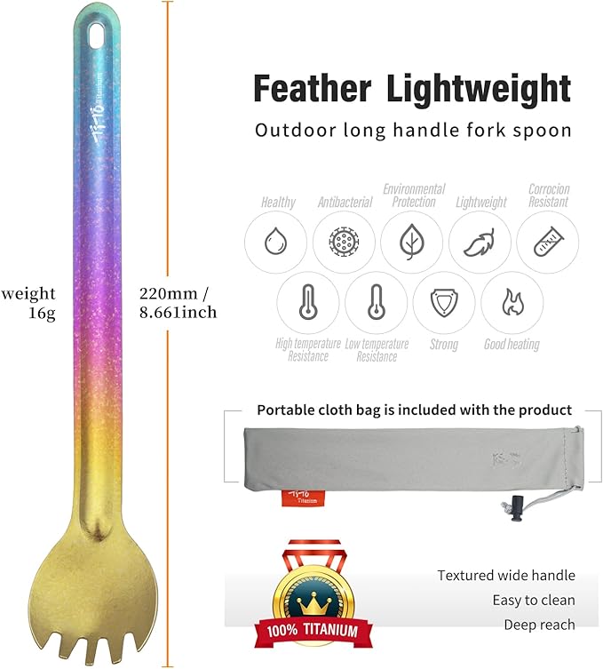 TiTo Titanium Long Handle Spork and Spoon Eco-Friendly Ultralight Portabale Flatware for Outdoor Camping Backpacking Hiking Travel Picnic Tableware with Bag(Bright Colorful Spork)