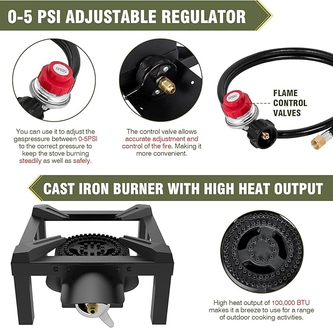 BESTFIRE Propane Burner, 100,000 BTUs High Pressure Single Propane Stove - Heat Shield and Guard, 4.1ft Adjustable Hose with Regulator, Gas Stove for Outdoor Cooking, Turkey Fry, Seafood Boil
