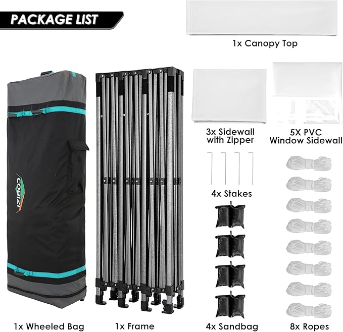 COBIZI 10x30 Heavy Duty Pop up Canopy with 8 sidewalls Party Tent for Parties Weddings Events UPF 50+ Waterproof Commercial Gazebo with Roller Bag, White(Frame Thickened)