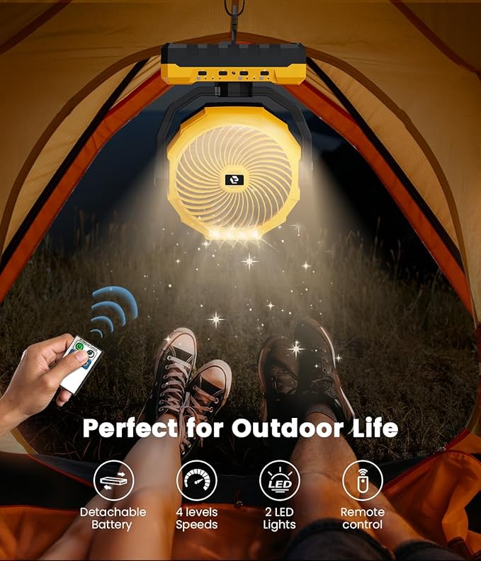 36000mAh Portable Camping Fan - 150HRS Rechargeable Fan with Detachable Battery with LED & Remote - 4 Speeds Battery Powered for Tent,Travel, Office, Jobsite