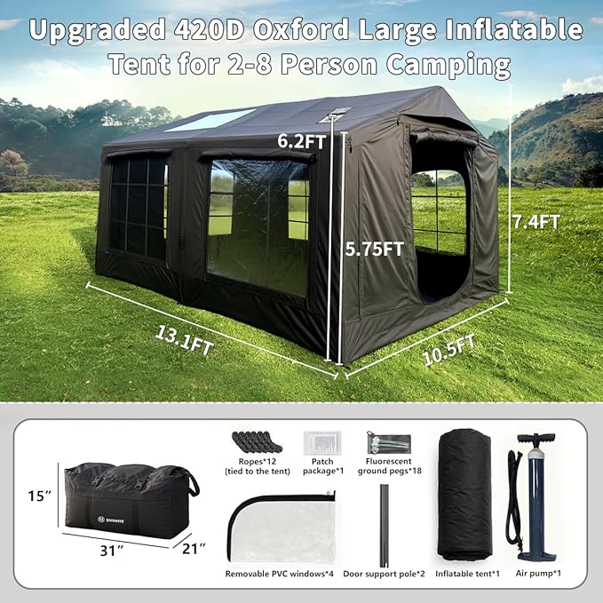 Inflatable Large Tent, Blow Up Tent with Hand Pump Waterproof 4 Season Air Tents Luxury Black Oxford Cabin Glamping House Easy Setup Outdoor Family Hot Tents for Camping 4-8 Person