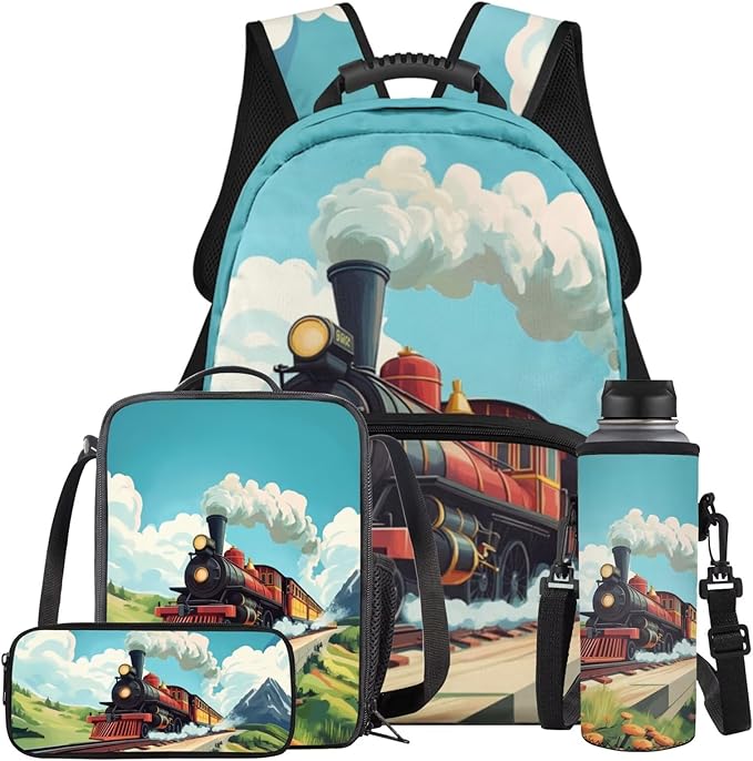 Train Backpack and Lunchbox Backpack for School Boys Lightweight Trendy Bookbag and Lunch Box Set for Boys 4pcs School Bags for Boys 10-12 Hiking Daypack Outdoor Travel