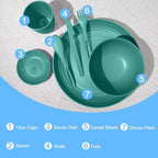 Wrova wheat straw bowls,plates,cups and cutlery sets 28 pcs - Dishwasher safe dish sets for kitchen, camping, indoors and outdoors.Green