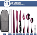 Portable Travel Utensils Set,Reusable Utensils,Travel Camping Cutlery Set,Stainless Steel Flatware Set with Case,Lunch Boxes Workplace Camping School Picnic (Purple)
