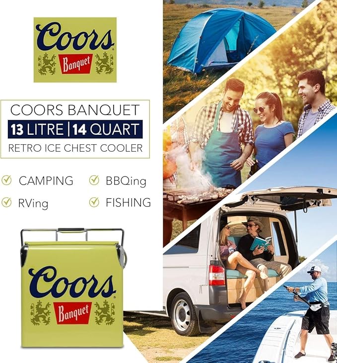 Coors Banquet Retro Ice Chest Cooler - Portable Ice Bucket with Bottle Opener, Vintage Style, Insulated for Camping, Beach, Picnic, RV, BBQs, Tailgating, Fishing, 18 Can, 14 qt (13L)