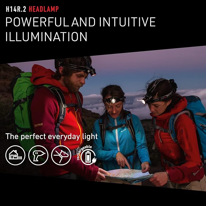 Ledlenser H14R.2 Rechargeable LED Headlamp - Black, 4400mAh Li-ion, IPX4-1000LM Boost & 300M Beam for Bright Headlamp Use - Hard Hat Flashlight Mount Cable - Rear Red Light & Battery Indicator