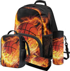 Basketball Backpack with Lunchbox Fire Bookbag Cute Lightweight Kids Bookbag with Lunch Box Boys 4pcs School Bag for Boys 8-12 Travel Outdoor Daypack Hiking Back to School Gifts