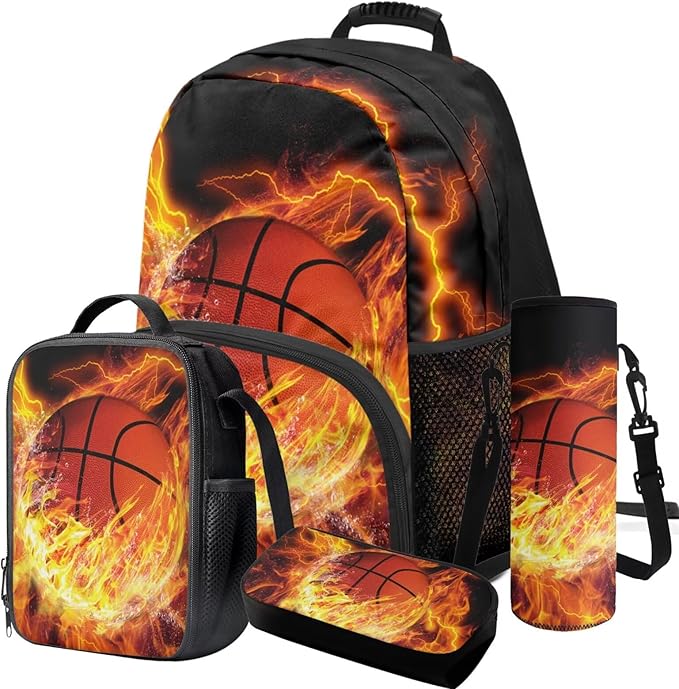 Basketball Backpack with Lunchbox Fire Bookbag Cute Lightweight Kids Bookbag with Lunch Box Boys 4pcs School Bag for Boys 8-12 Travel Outdoor Daypack Hiking Back to School Gifts