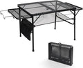 3ft Folding Camping Table with Wing Panels, Adjustable Height Metal Grill Prep Table with Storage Net, Paper Towel Holder, Hooks, Trash Bag Rack for BBQ, RV, Picnic, Portable Grill