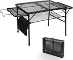 3ft Folding Camping Table with Wing Panels, Adjustable Height Metal Grill Prep Table with Storage Net, Paper Towel Holder, Hooks, Trash Bag Rack for BBQ, RV, Picnic, Portable Grill