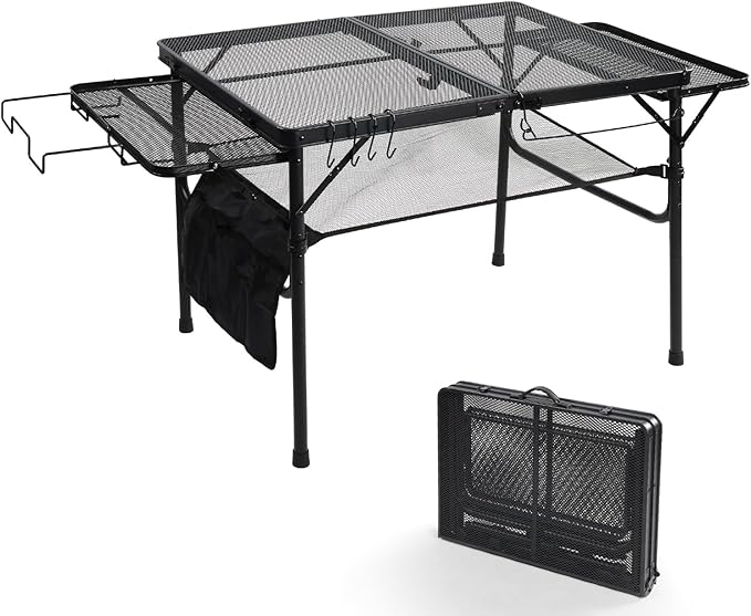 3ft Folding Camping Table with Wing Panels, Adjustable Height Metal Grill Prep Table with Storage Net, Paper Towel Holder, Hooks, Trash Bag Rack for BBQ, RV, Picnic, Portable Grill