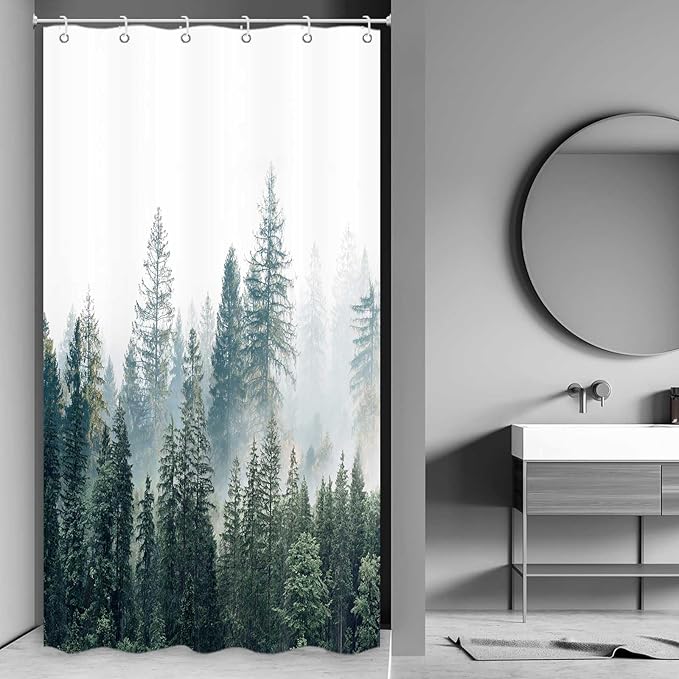 Small Stall Shower Curtain Narrow RV Walkin Nature Forest Mountain Half Stand Shower Curtains for Bathroom Woodland Tree Camping Bath Accessories Set with Hooks 36 x 72 Inch