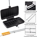 Double Cast Iron Pie Pan & Pie Iron Cooker, Pre-Seasoned Heavy-Duty Pie Irons for Camping, Cast Iron Camping Cookware and Campfire Cooking Equipment with Detachable Handles for Indoor/Outdoor Use