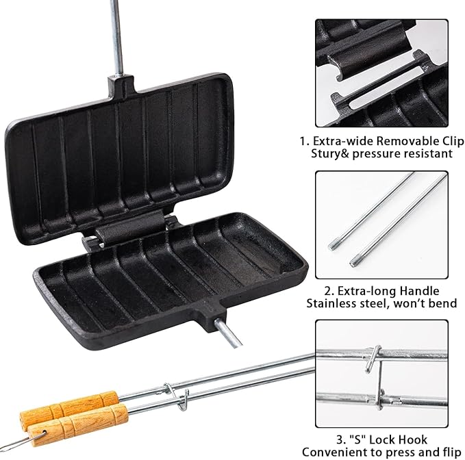 Double Cast Iron Pie Pan & Pie Iron Cooker, Pre-Seasoned Heavy-Duty Pie Irons for Camping, Cast Iron Camping Cookware and Campfire Cooking Equipment with Detachable Handles for Indoor/Outdoor Use