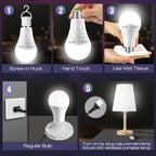 Emergency-Rechargeable-Light-Bulb, Stay Lights Up When Power Failure, 1500mAh 12W 60W Equivalent LED Light Bulbs for Home, Camping, Hiking (E27, with Hook,with Plug Cap) 6 Pack