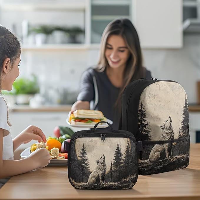 Wolf Backpack for Men Lightweight Bookbag with Lunch Box Large Capacity Daypack with Detachable Lunch Bag for Travel Outdoor Casual Daypack