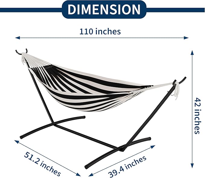 Double Hammock with Stand - Heavy Duty 450lbs Capacity, Portable Cotton Hammock for Two Adults, Indoor & Outdoor Use with Travel Bag, Black&White Stripe Pattern