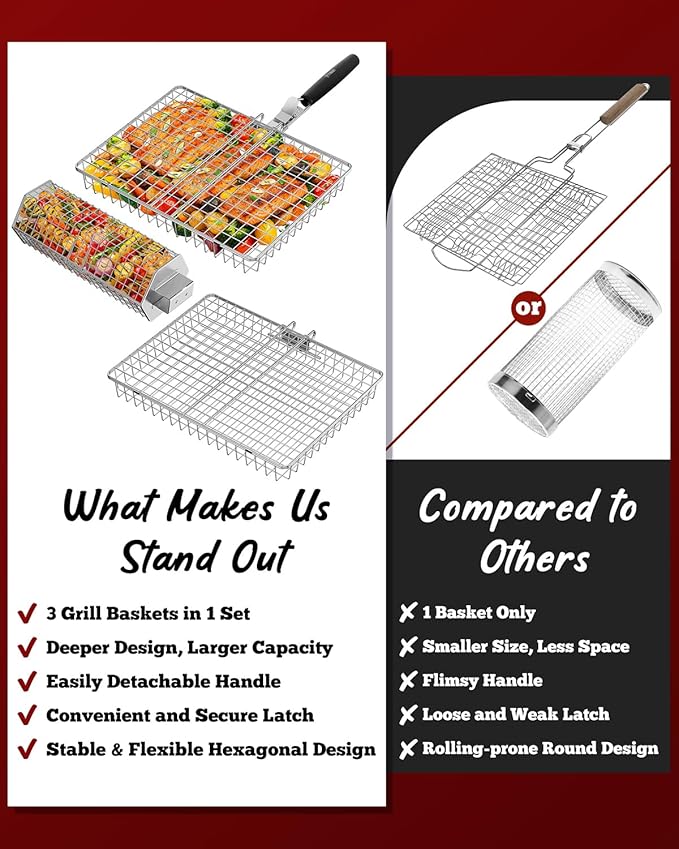 Grill Baskets for Outdoor Grilling, 3PCS Grilling Baskets with Removable Handle, Stainless BBQ Accessories for Vegetables, Fish, Shrimp, Outdoor Camping Cooking Tools Gifts for Men Dad