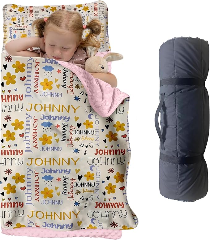 Personalized Toddler Nap Mat for Preschool, Custom Name Kids Sleeping Bag for Daycare, Kindergarten Roll Up Sleeping Mat with Removable Pillow and Soft Blanket, Fun Themes for Boys & Girls