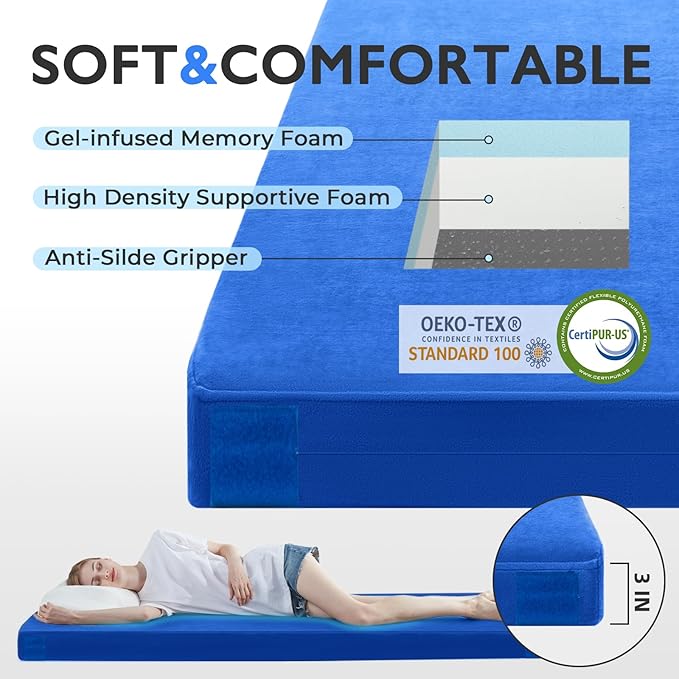 Kingfun 3 Inch CertiPUR-US Memory Foam Camping Mattress, Waterproof Roll up Sleeping Pad, Thick Floor Sleeping Mats for Tent with Removable Travel Bag