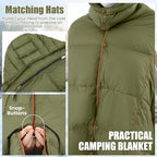 Upgraded Hooded Down Camping Blanket Waterproof 650 Fill Puffy Poncho Blanket 77" x 50" Packable Wearable Sleeping Bag with Detachable Hat Outdoor Stadium Camping, 1.36 lb(Olive Green)