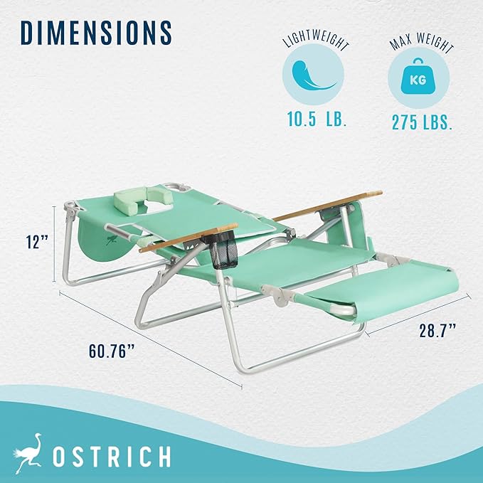 Ostrich Deluxe Padded 3-N-1 Lightweight Portable Adjustable Outdoor Folding Chair for Lawn Beach Lake Camping Lounge with Footrest, Teal (4 Pack)