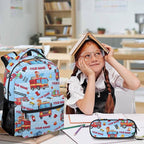 Custom Backpacks for Kids, Set of 3 Fire Truck School Backpacks Matching Combo for Boys Students, Personalized Lightweight Truck Bookbag with Lunch Box Set for School Camp Travel