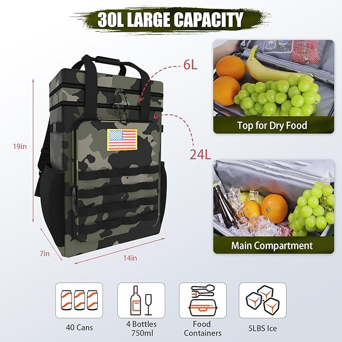 Tactical Backpack Cooler, AYAMAYA Leakproof 40 Cans Soft Cooler Backpack with Handle, Waterproof Insulated Tactical Lunch Box Bag for Work, Beach, Travel, Camping, Picnic, Hiking