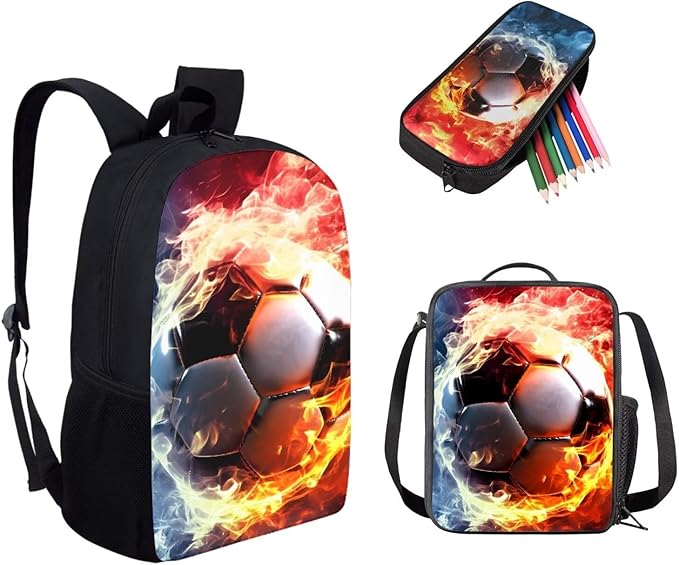 3PCS Football Fire Print Kids School Bag Set, Waterproof Daypack Knapsack Insulated Lunch Tote Bag Pen Case Organizer for Hiking