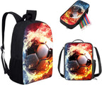 3PCS Football Fire Print Kids School Bag Set, Waterproof Daypack Knapsack Insulated Lunch Tote Bag Pen Case Organizer for Hiking