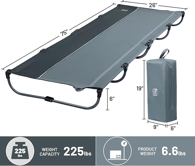 TIMBER RIDGE 20-Second Quick Set-Up Camping Cot, Lightweight Aluminum Folding Cot with Zipper Closure, Portable Carry Bag Included for Camping, Travel and Outdoors, Support up to 225lbs, Grey 2pcs